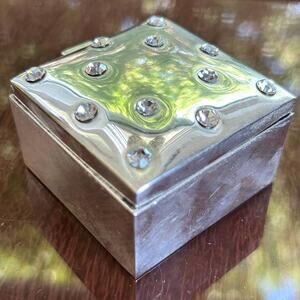 Vintage Silver Plated Rhinestone Studded Trinket Box – 2” Square Jewelry Box